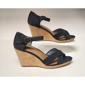 Toms Sandals Women's Sienna Criss Cross Straps Black Wedge Buckle Sandals 7.5